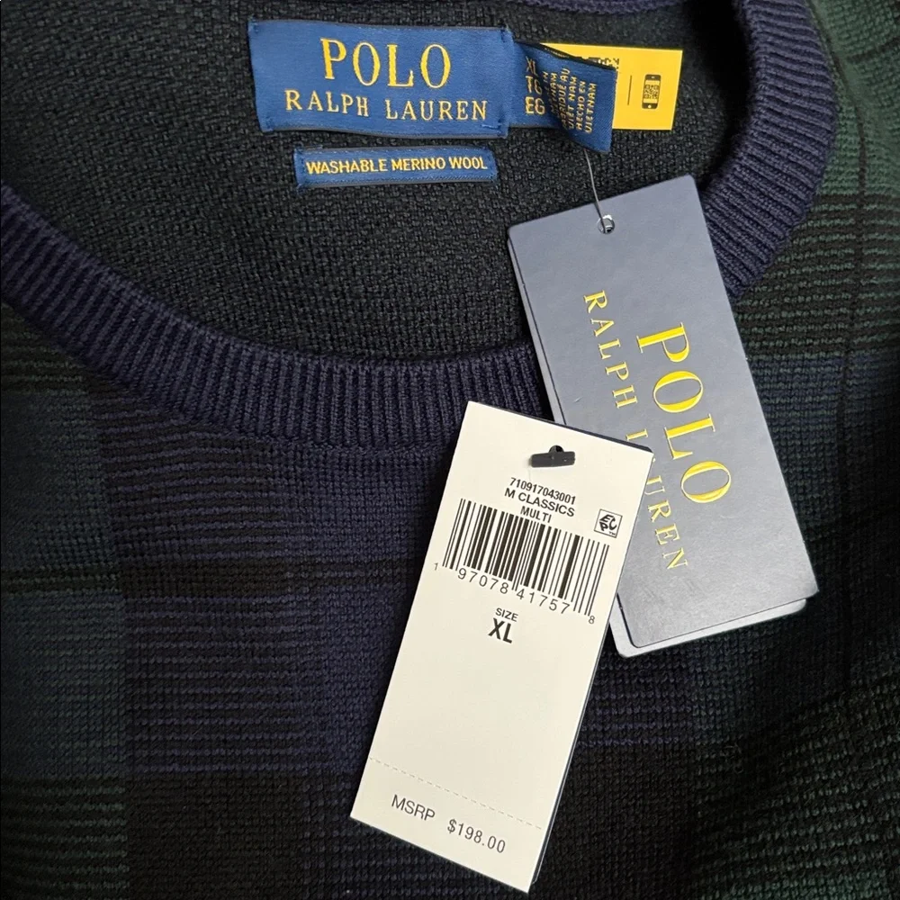 Polo Ralph Lauren Green Navy Scottish Plaid Merino Wool Sweater Size XL NWT